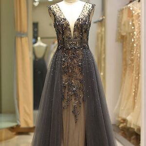 Gray beaded see through full gown